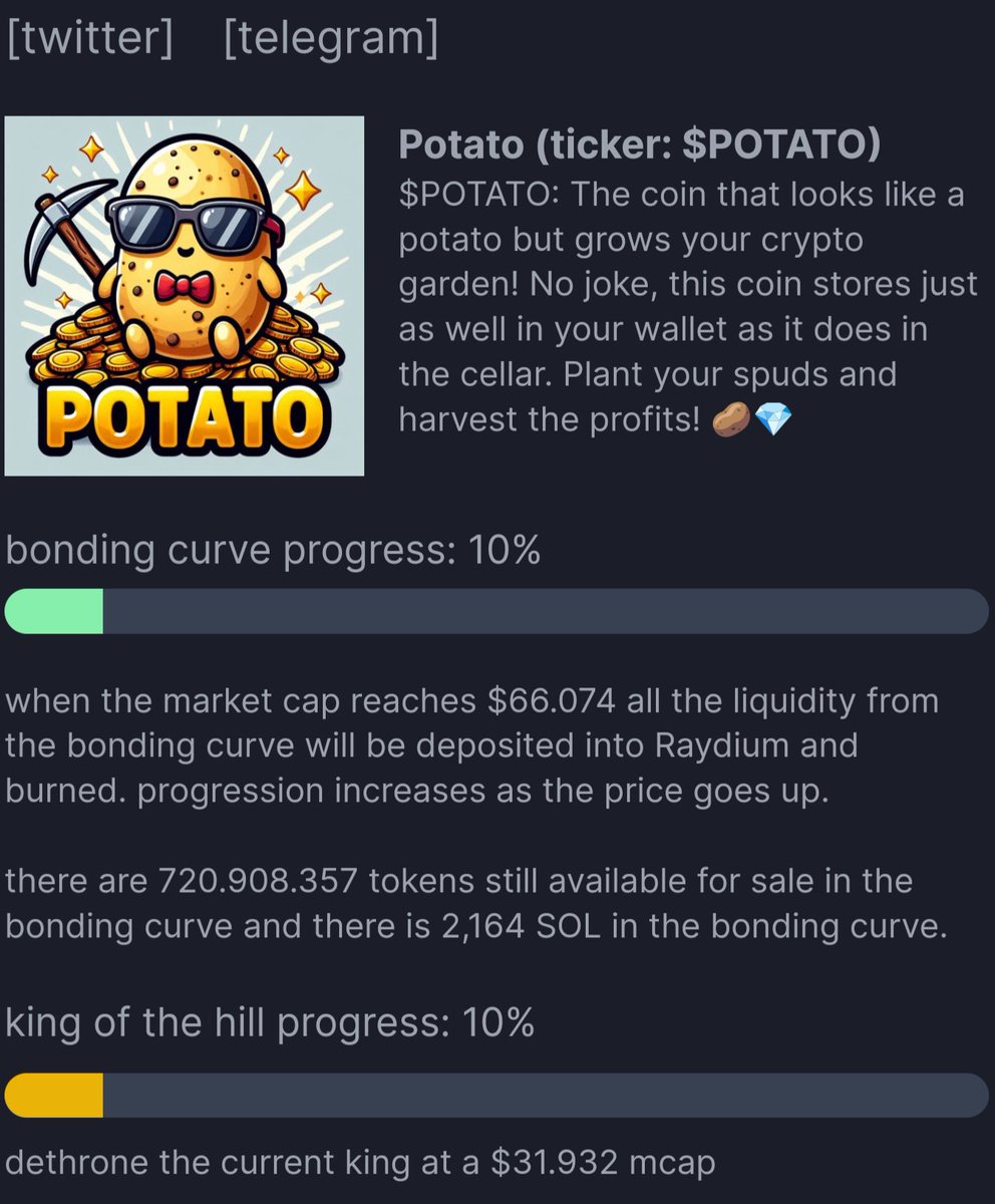 Potato2024_Sol's tweet photo. 🚀 Breaking News: We’re Mashing Milestones! 🥔

Hold on to your spuds, folks! 🌱 The Potato is boiling up nicely—we’ve already peeled off 10% of our market cap goal to get listed on Raydium! 🎉

Thanks to our amazing community and some totally baked investments ! #memecoin https://t.co/mhF2Ad7frY
