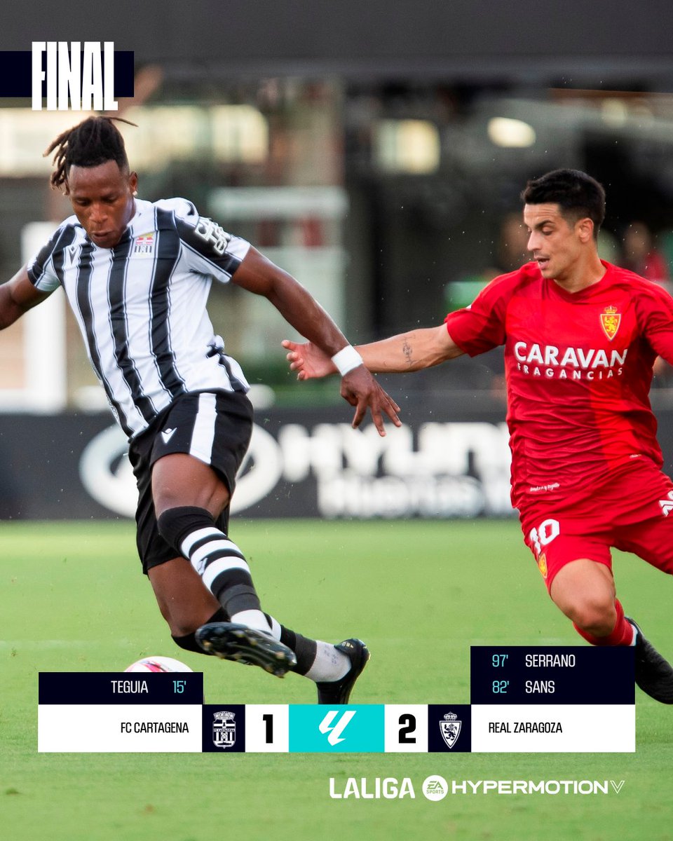 LaLiga2's tweet image. FINAL #CartagenaRealZaragoza 1-2  

✅ ¡El @RealZaragoza remonta en la última jugada del partido ante el @FCCartagena_efs! Dos partidos, dos victorias, para los de Víctor Fernández.

#LALIGAHYPERMOTION