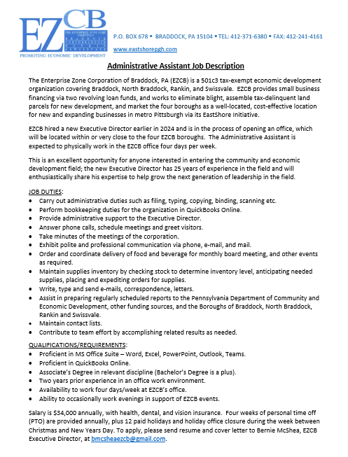 EastShorePGH's tweet photo. The Enterprise Zone Corp &amp; #EastShorePgh is hiring an Admin Asst! See full job at https://t.co/7brF7ijjOB

#EZCB is a 501c3 tax-exempt economic dev org covering @BraddockBoro_ #NorthBraddock @RankinBoro15104   &amp; #Swissvale
#visiteastshorepgh  #LiveWorkPlayLearn @WoodlandHillsSD https://t.co/CjcVan9U6Y