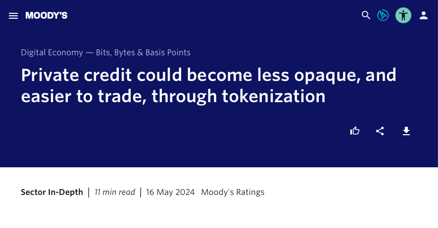 Oracles are essential for tokenizing private credit.

<a href="/moodysratings/">Moody's Ratings</a> dove into this in a recent report highlighting how tokenization can make private credit less opaque.

At their core, oracles bridge onchain and offchain data:
• Borrower financial health
• Collateral status
•