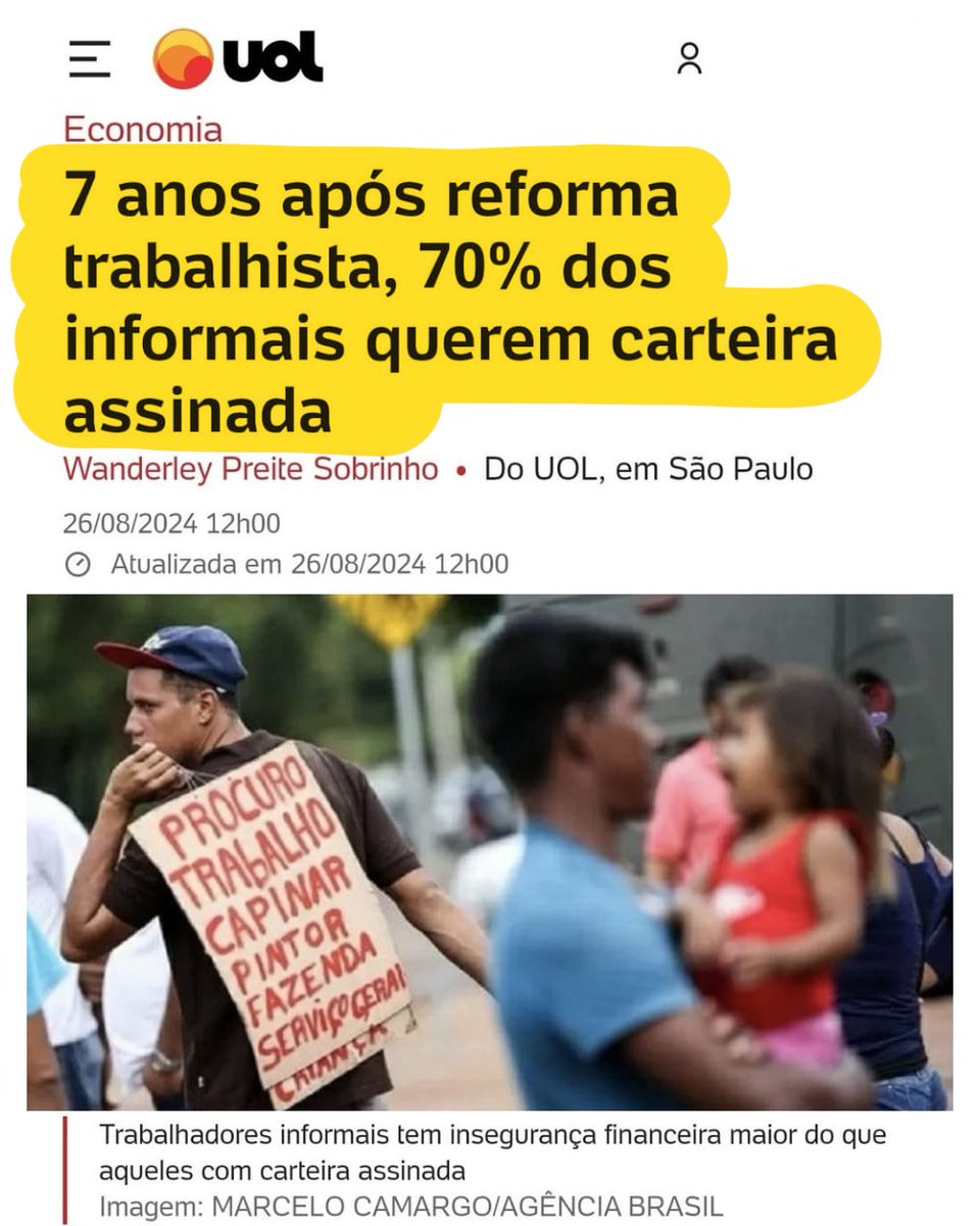 1. Há 7 anos: "O empregado vai poder negociar com o patrão".

2. "Sete anos após Reforma Trabalhista, 70% dos informais quer carteira assinada".

Quem diria que a Reforma Trabalhista dos 'liberais', amplamente apoiada pelos veículos jornalísticos, iria precarizar o trabalhador?