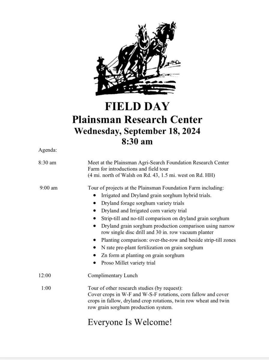 Fall field day is coming up for the Plainsman Research Center. Hope to see you there!