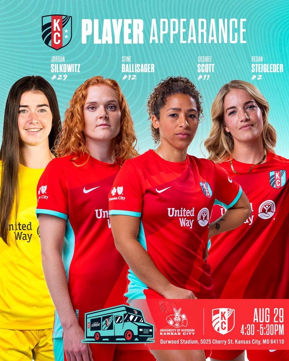 ✨PLAYER APPEARANCE✨

Come to Durwood Stadium to meet <a href="/jordansilkowitz/">Jordan Silkowitz</a>, Stine Ballisager, <a href="/MsDScott11/">Desiree Scott</a> and <a href="/ReganSteigleder/">Regan Steigleder</a>!

📆 Thursday, 8/29
 ⏰ 4:30-5:30PM

Shop the latest merch at the Teal Mobile and stay to watch <a href="/KCRoosWSoccer/">Kansas City Women's Soccer</a> take on Southern Illinois at 5PM 👏