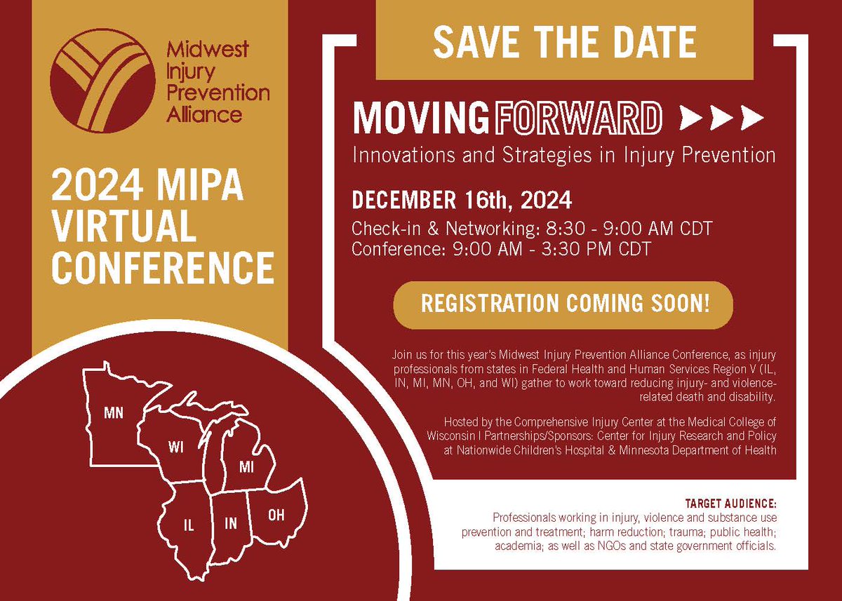 MidwestInjury's tweet photo. Save the date &amp; tell your friends! The 2024 MIPA Virtual Conference is happening December 16, 2024 from 9-3:30 CT. Details &amp; registration coming soon. https://t.co/BwWrfyziMl https://t.co/OL9K3kcxmJ