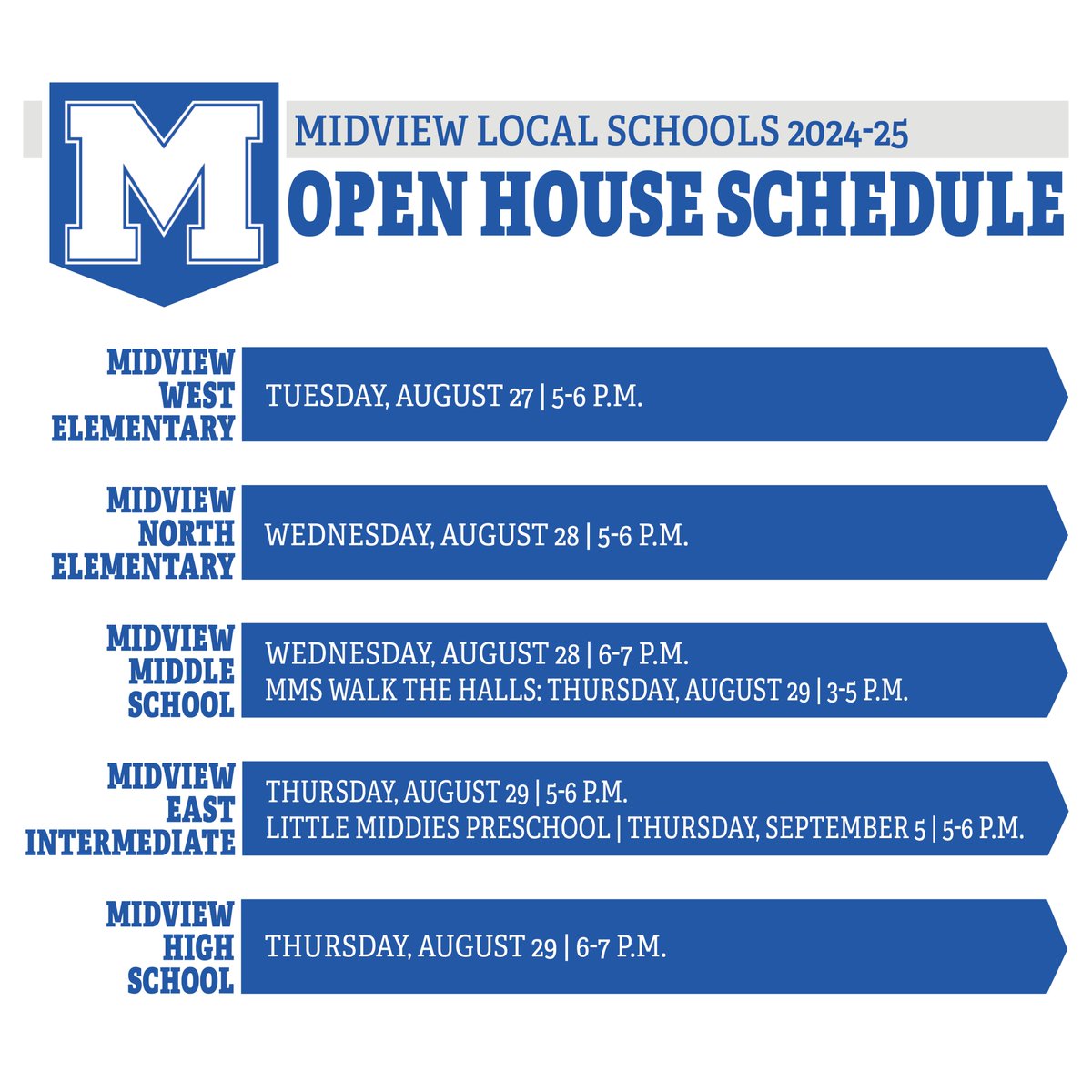 MidviewLocal's tweet photo. Open houses start this week! Join us to meet teachers and staff, explore the buildings and classrooms, ask any questions you might have, and get all the essential back-to-school information and resources. We look forward to seeing you there ⚓️ https://t.co/FkEfSVzoKE