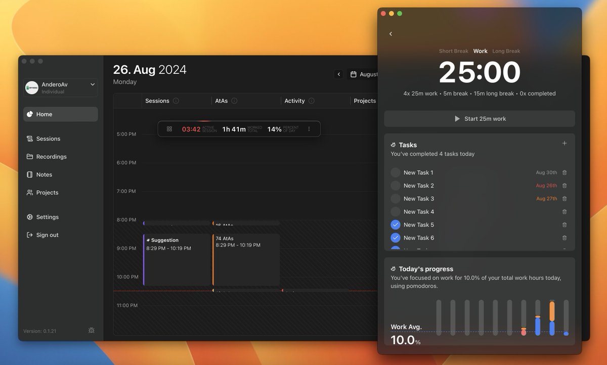 anderoav's tweet photo. Ever feel like your brain's a browser with 100 tabs open? 🤯 

Building a Pomodoro into @Taimappio  that doesn't just track time — it fights digital chaos. 

Custom intervals, witty notifications, and a UI smoother than your git commits.

Productivity, but make it fun. https://t.co/MJQEZTcKQq