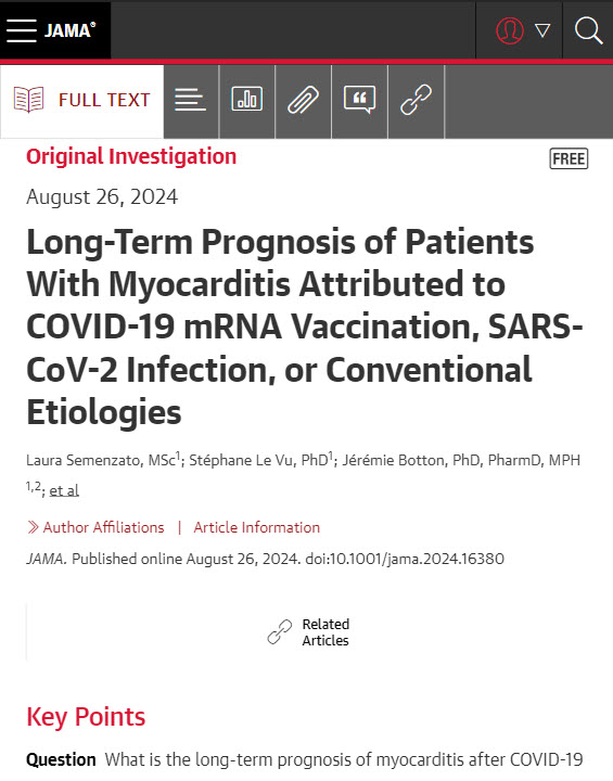 JAMA_current's tweet photo. Patients with post–COVID-19 mRNA vaccination myocarditis, contrary to patients with post–COVID-19 myocarditis, have a lower frequency of cardiovascular complications than those with conventional myocarditis at 18 months. https://t.co/NWBIL3BJhS #ESCCongress https://t.co/0C1ekjL9TH