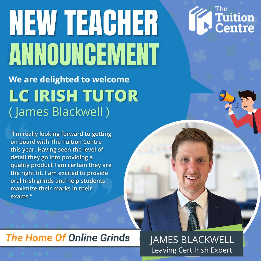 tuition_centre's tweet photo. π New Teacher Announcementπ
We are delighted to welcome James Blackwell as the newest addition to our Irish Team! π
James will start his tailored Irish Oral Course in November! Stay tuned to learn more π
#LCIrishTutor #JamesBlackwell #Irish #TheTuitionCentre #irishstudent https://t.co/FH7ifyrXfq