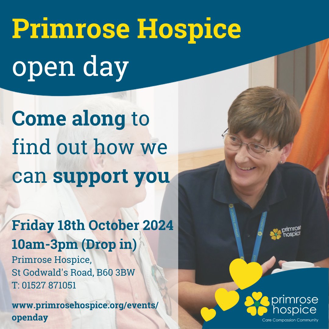 You’re invited to The Primrose Hospice Open Day where you can learn more about the support available to you and your loved ones💛You can drop in between 10am-3pm and there will be a short presentation from our teams at 11am➡️primrosehospice.org/events/open-da… #worcestershirehour