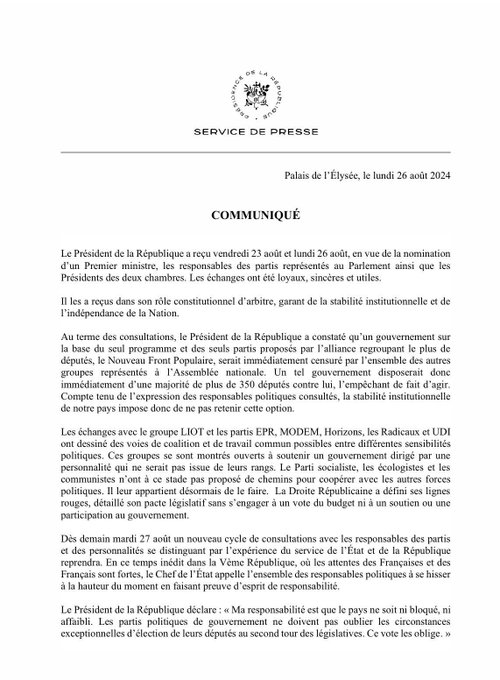 Communiqué de l’Elysee du 26 août 2024