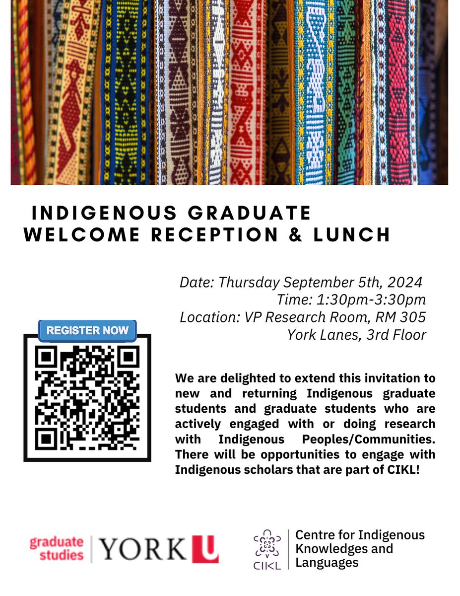 We are hosting a welcome reception and lunch at the beginning of the Fall semester. This will be an opportunity to connect with other Indigenous graduate students and allies doing community-focused work. Use the QR code to register!