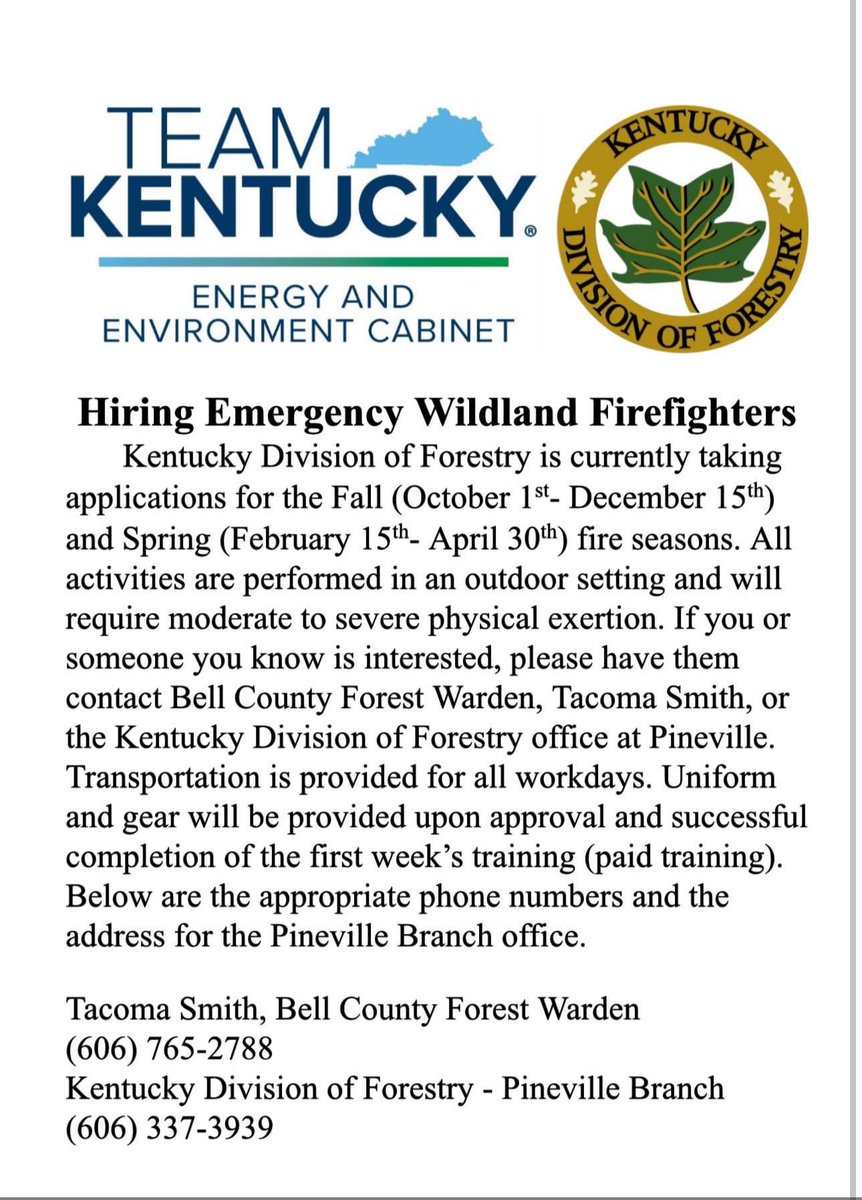 BellCoVolFD's tweet photo. Looking for employment?  Interested in fire service?  Do you love the mountains? 

Contact Forest Warden Tacoma Smith.  Kentucky Division of Forestry #BellCountyKY #bcvfdky #forestservice https://t.co/bnezqN75ce