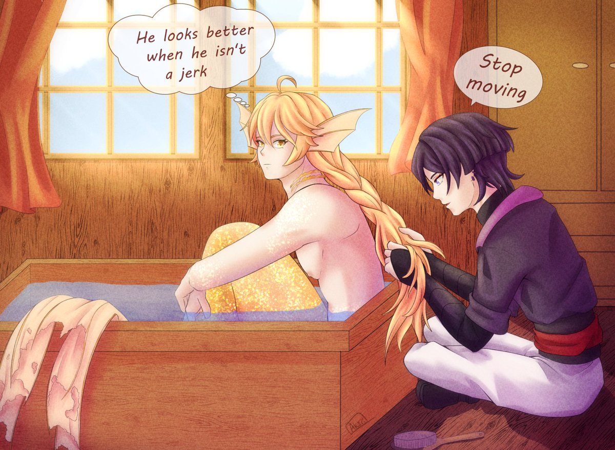 tikiryu's tweet image. Day 7: Pirate (+mermaid)

im a day late but when i saw this prompt, I knew I had to make something based on my pirate/mermaid au fic

mer aether wanted to try on a braid but was not expecting scara to be the one to do the braid 
 #aether_week2024 #scaraether