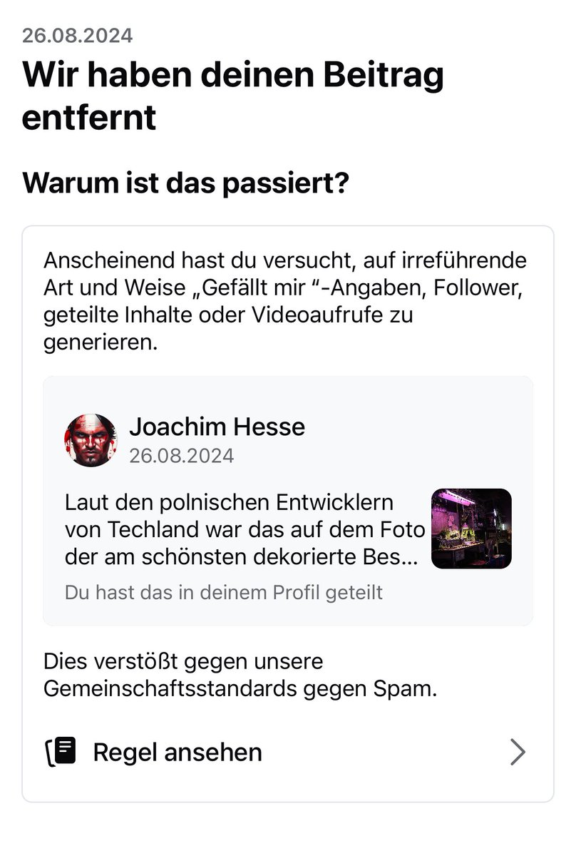 JoachimHesse's tweet image. Wie der #Facebook-#Algorithmus DAS in mein Lob einer Standdekoration auf der Gamescom hineininterpretiert, könnte mir vermutlich nicht mal Herr Zuckerberg erklären. 🤦🏻 Hoffentlich wird der Einspruch wenigstens zügig bearbeitet. So nervig.