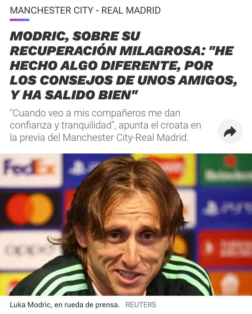 Vettaverso's tweet photo. Modric cayó lesionado por 3 semanas (había control antidoping) y a los dos días estaba jugando contra el City. 

Los medios lo llamaron “Recuperación milagrosa”. Se creen que todos los clubes tienen “un pintus” https://t.co/avUYUHIwU7