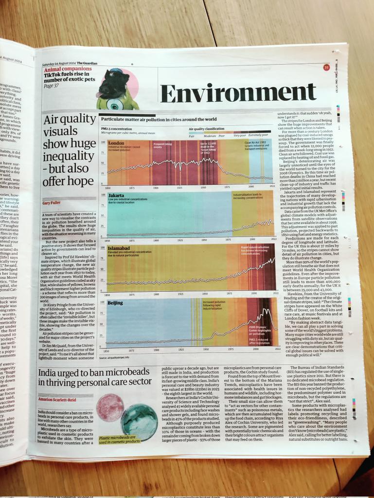 Gary Fuller (@drgaryfuller) on Twitter photo Huge shout-out to the <a href="/guardian/">The Guardian</a> production team for creating this full page on McQuaid and Pringle's #airquality stripes project, with words by me.
(<a href="/jimmcquaid/">Jim McQuaid 🇺🇦 🇪🇺</a>, @KJPringle , <a href="/ed_hawkins/">Ed Hawkins</a>) Huge shout-out to the <a href="/guardian/">The Guardian</a> production team for creating this full page on McQuaid and Pringle's #airquality stripes project, with words by me.
(<a href="/jimmcquaid/">Jim McQuaid 🇺🇦 🇪🇺</a>, @KJPringle , <a href="/ed_hawkins/">Ed Hawkins</a>)