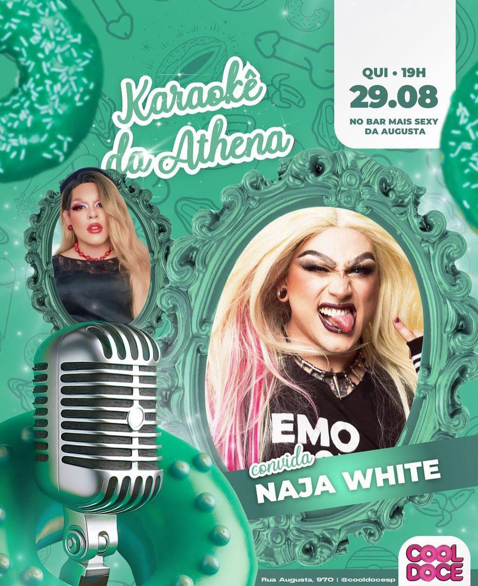 AMANHÃ É DIA DE KARAOKÊ DA <a href="/athena_leto/">Athena Leto 💕</a> 😍✨

Vem cantar comigo na Cool Doce (R. Augusta, 970), a partir das 19h!  Entrada apenas R$10 - ESPERO VOCÊS!🤘🏻🩷