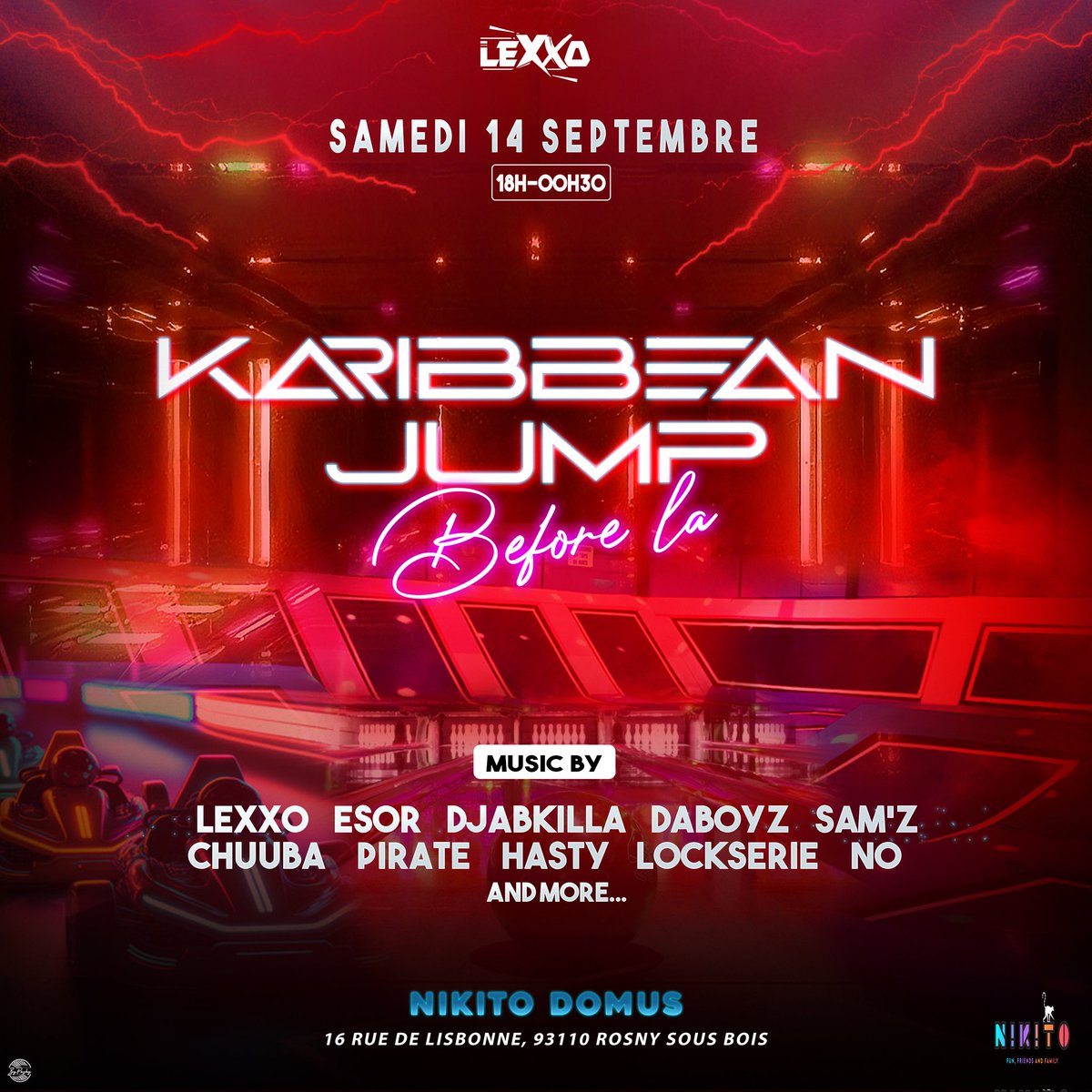 ENTRÉE GRATUITE

Samedi 14 Septembre 

À l'unanimité karibbean jump revient le samedi 14 Sept.

On a décidé de mélanger KARTING🏎️/ LASER GAME🔫/ BOWLING🎱/ ESCAPE GAME🃏/ MINI-GOLF🏑 / LANCÉ DE HACHE 🪓 / ET TRAMPOLINE. 

🔈🔊Tout ça animé par une équipe de DJ afro karibbean🎚️🎧