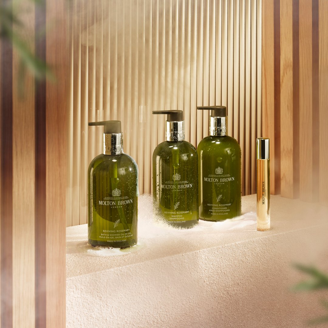MoltonBrownUSA's tweet photo. Revitalize your senses with the NEW Reviving Rosemary Ritual—Shampoo, Conditioner, and Bath &amp; Shower Oil-in-Gel, designed to enhance your cherished self-care moments. #MoltonBrownLove https://t.co/cqSWpOZgXz