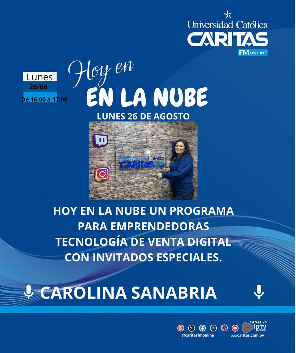 🔹️Hoy en el programa #EnlaNube que conduce Carolina Sanabria (@carolinasanabriamolas)  hablaremos sobre Emprendedoras Tecnología de Venta Digital. 
🧏🏻‍♀️🎧📻 Prendete y escuchanos  hoy desde las 16:00hs hasta las 17:00hs