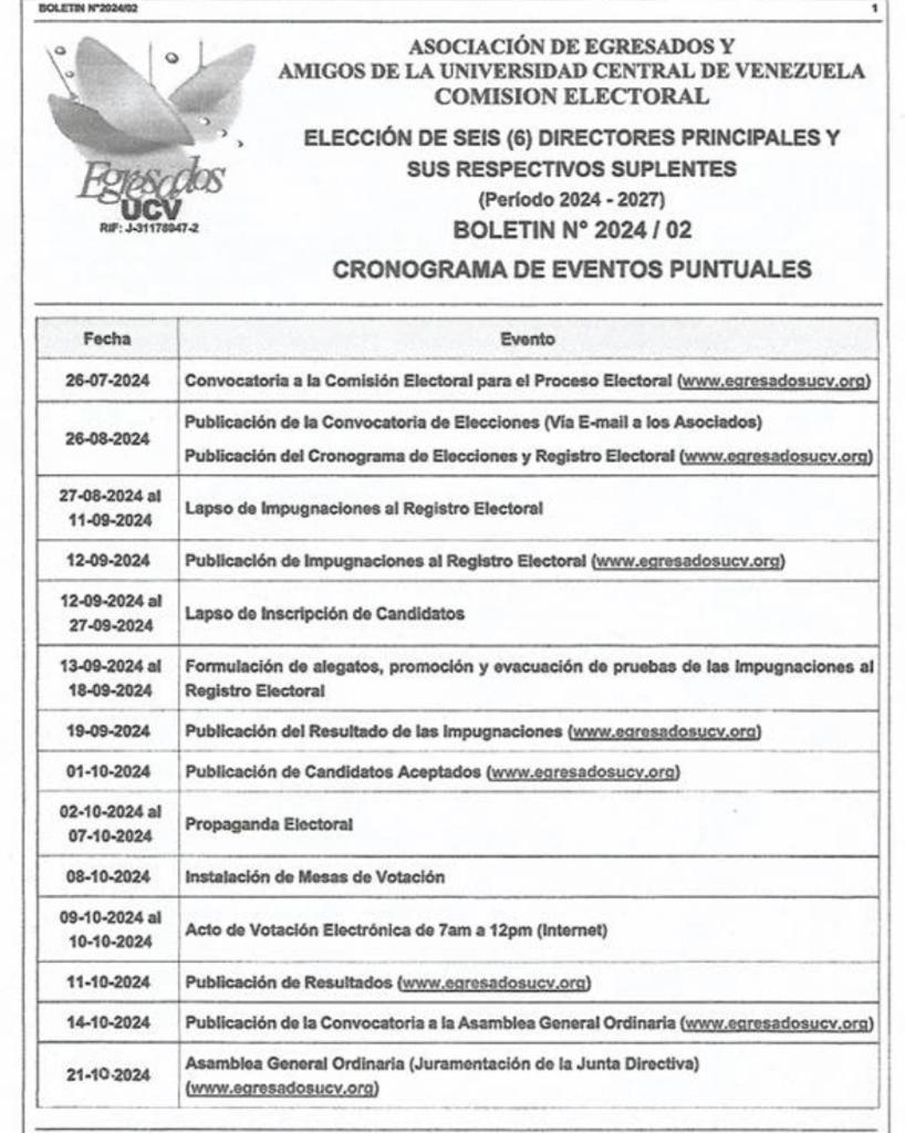 La Comisión Electoral de la Asociación de Egresados y Amigos de la UCV , hace del conocimiento de sus Asociados, la Junta Directiva de la Asociación aprobó la realización del siguiente proceso electoral:

“ELECCIÓN DE SEIS  DIRECTORES PRINCIPALES Y SUS RESPECTIVOS SUPLENTES”