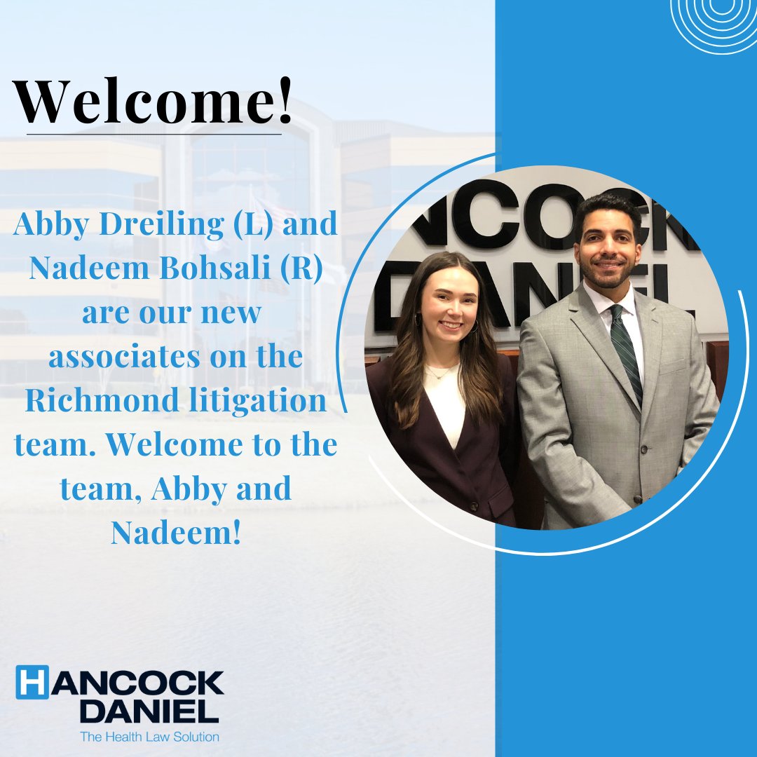 Please join me in welcoming Abby Dreiling and Nadeem Bohsali to our Richmond litigation team! Abby is returning after her time as a summer associate last year, and we’re thrilled to have both of them bring their talents to our group. Welcome aboard!