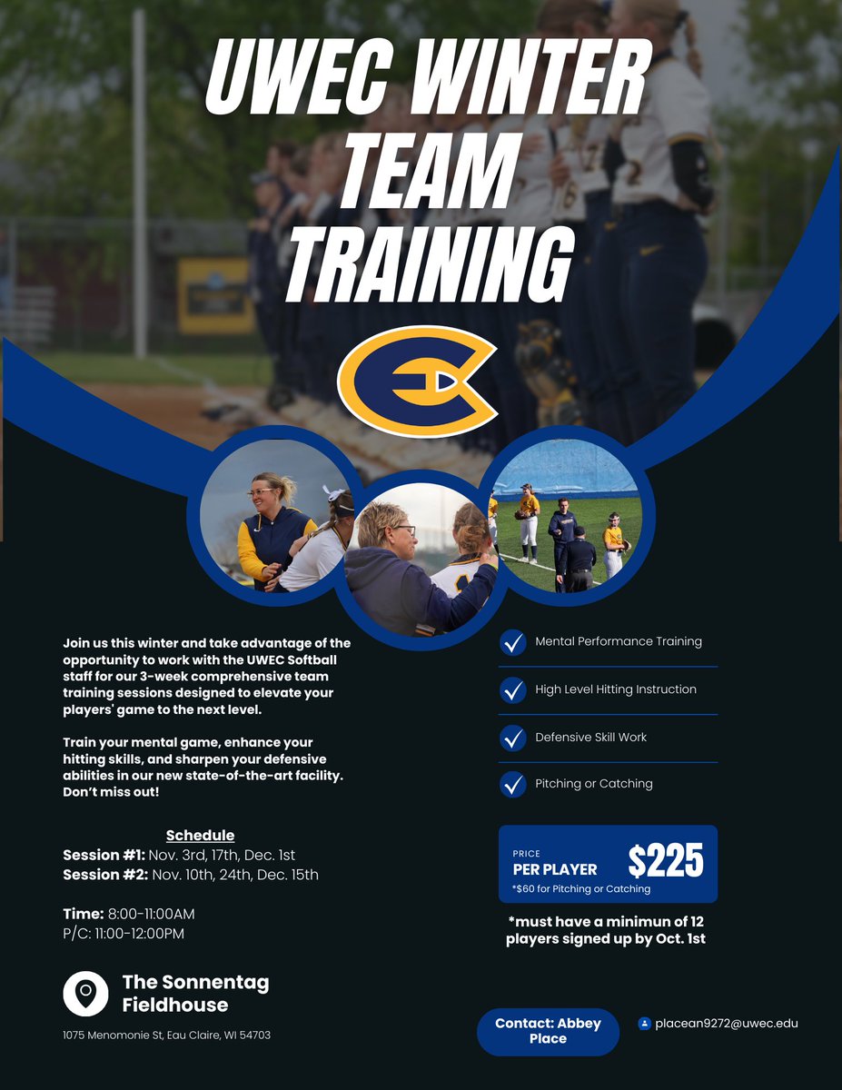 UWECSoftball's tweet photo. 🚨HS/TRAVEL BALL COACHES🚨 

Our staff here at UWEC is offering a unique opportunity for ONLY 6 teams to train with us this winter in our new Sonnentag Fieldhouse! 

For more details, see below. 

If your team is interested please contact Coach Abbey Place🤩 https://t.co/WFbziLZUrI