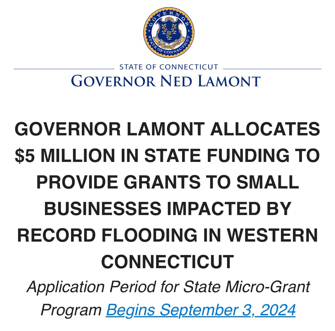 We are working to quickly launch this state program to help small, locally-owned businesses recover from the floods as soon as possible. In addition to these state funds, I’m committed to securing federal support for homeowners and businesses.

More: portal.ct.gov/governor/news/…