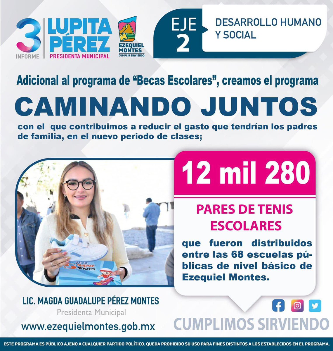 🔵Creamos el programa “Caminando Juntos”,con el que contribuimos a reducir el gasto que tendrían los padres de familia,en el nuevo periodo de clases; hicimos la entrega de 12 mil 280 pares de tenis escolares, que fueron distribuidos entre las 68 escuelas públicas. #3erInforme
