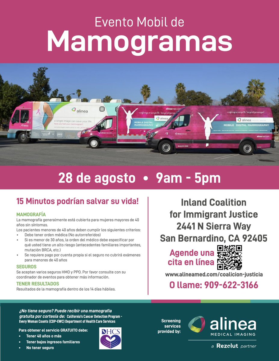 THIS WEEK, stop by the ICIJ office for onsite mammogram screenings!
🗓 Wednesday, August 28, 2024
⏰ 9 AM - 5 PM
📍 2441 N Sierra Way, San Bernardino, CA 92405

Schedule your appointment today! 🔗 alineamed.com/coalicion-just… or call 📞 (909) 622 - 3166