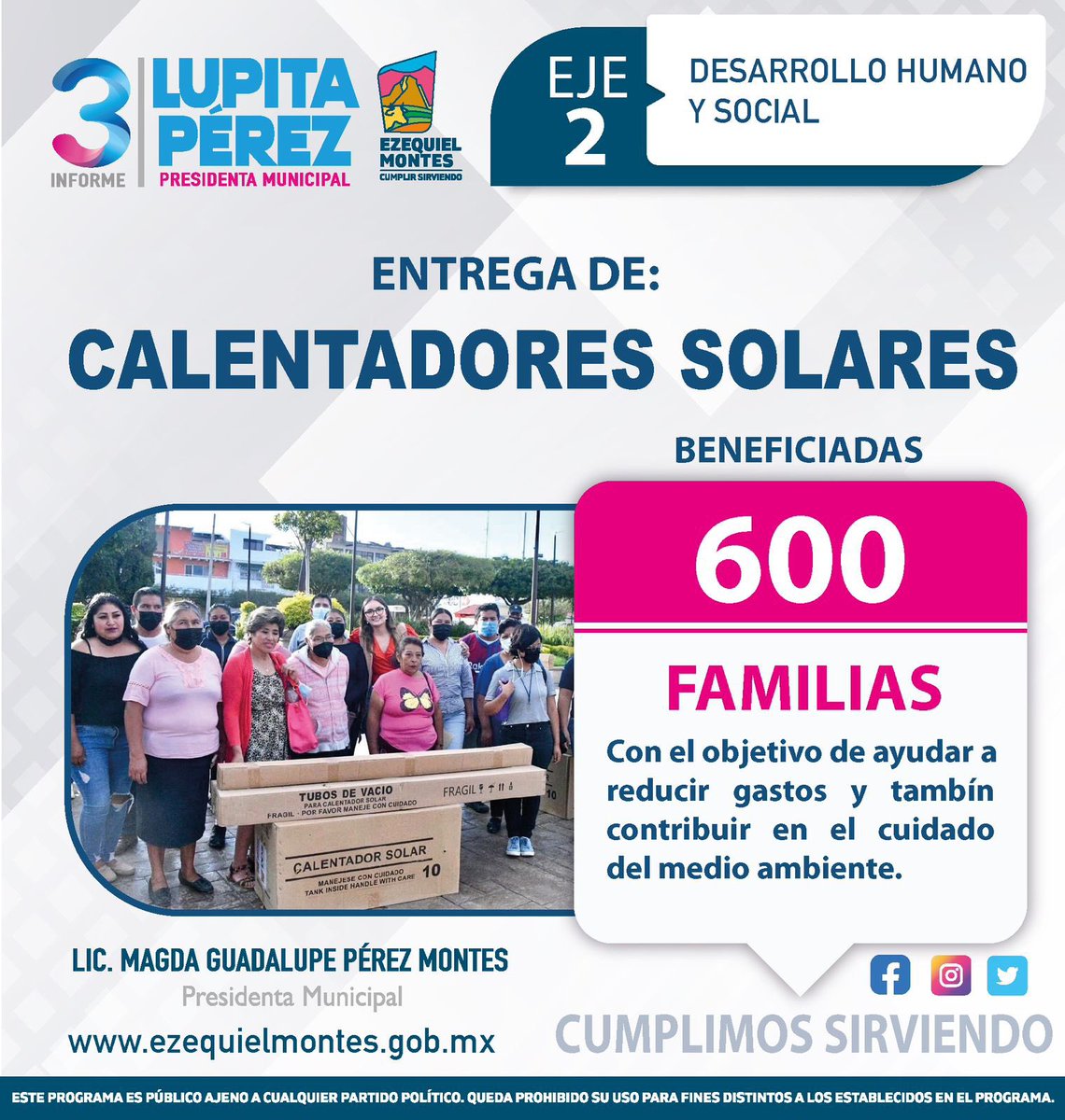 👉🏻Asimismo entregamos “Calentadores Solares”, a más de 600 #familias. Esto con el objetivo de ayudar a reducir gastos y también contribuir en el cuidado del medio ambiente. ☑️

#3erInformeDeGobierno
#CumplirSirviendo
#GobiernoDePuertasAbiertas