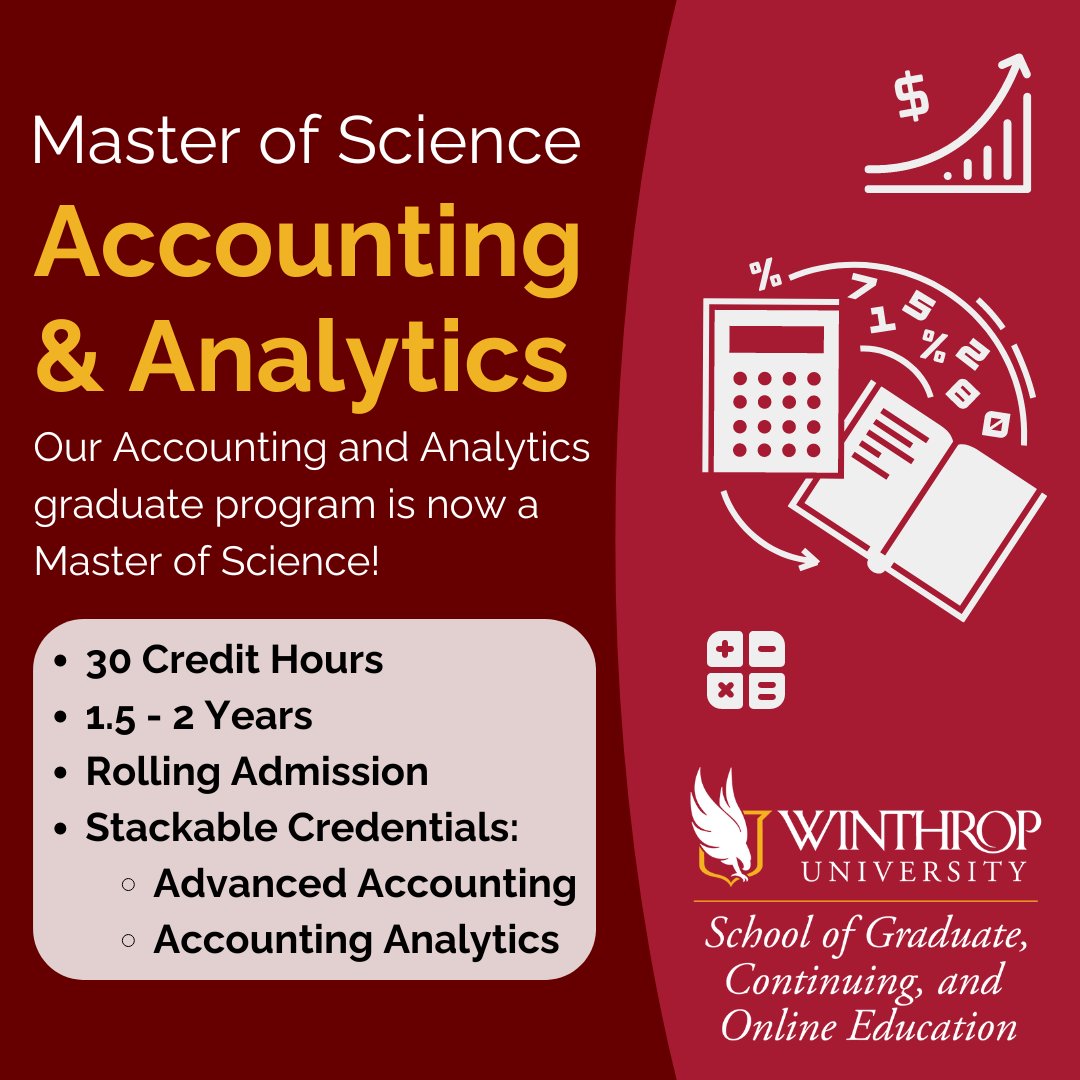 Check out our Master of Science in Accounting and Analytics program!

Highlights of the program:
➡ 30 credit hours
➡ 1.5 - 2 years
➡ Rolling admission
➡ Stackable credentials

Learn more here: winthrop.edu/sgco/graduates…

#winthropgradstudies #STEM