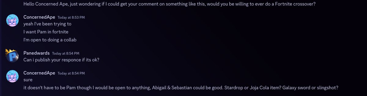 The creator of 'Stardew Valley' aka <a href="/ConcernedApe/">ConcernedApe</a>  has been trying to make a <a href="/FortniteGame/">FortniteGame</a> collaboration happen and is open to anything.