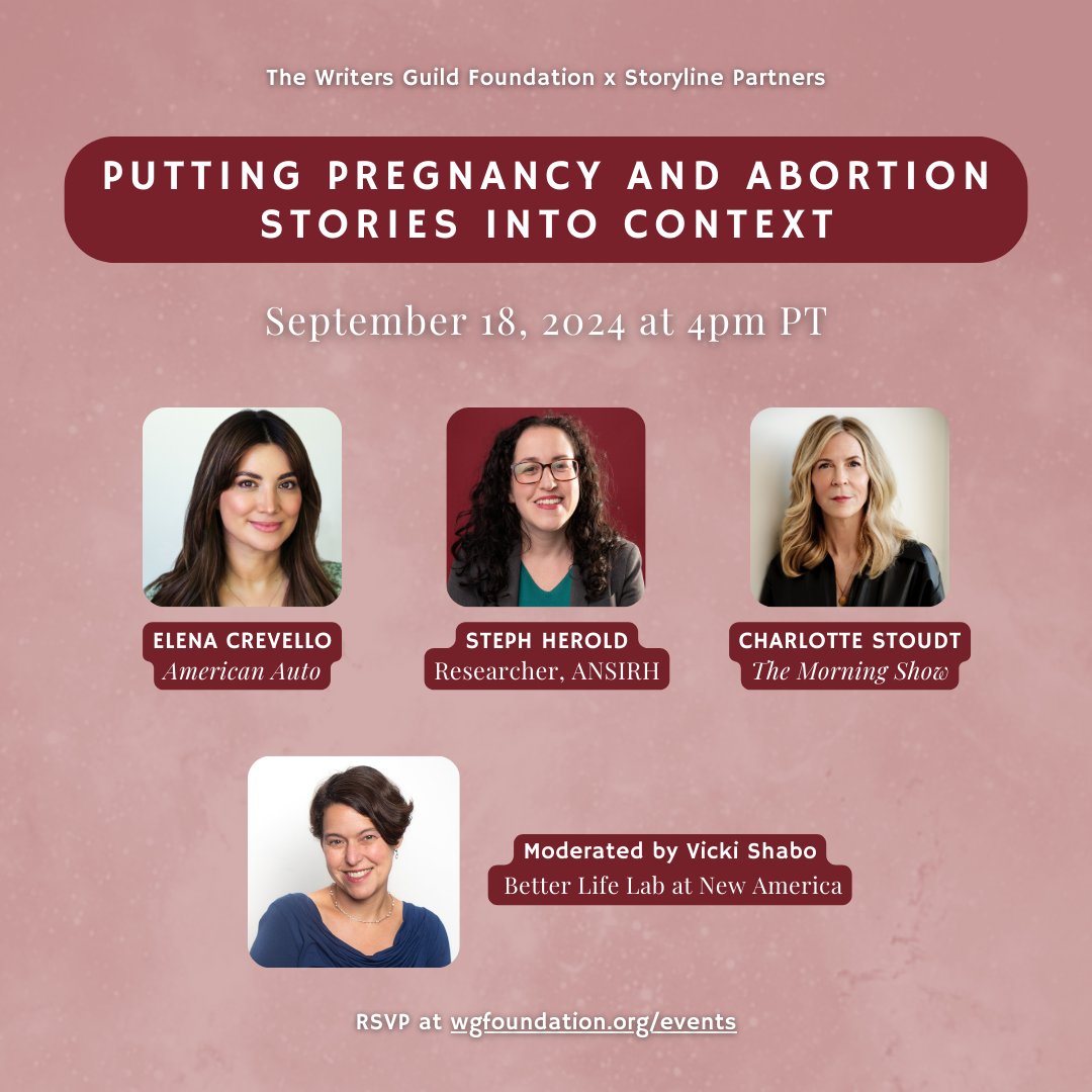 Writers Guild Foundation (@writersguildf) on Twitter photo NEW EVENT: Join WGF and <a href="/Storyline_/">Storyline Partners</a> on 9/18 for this virtual conversation on contextualizing pregnancy and abortion storylines in the current political and social climate.
RSVP here: ow.ly/gG3w50T6EOF NEW EVENT: Join WGF and <a href="/Storyline_/">Storyline Partners</a> on 9/18 for this virtual conversation on contextualizing pregnancy and abortion storylines in the current political and social climate.
RSVP here: ow.ly/gG3w50T6EOF
