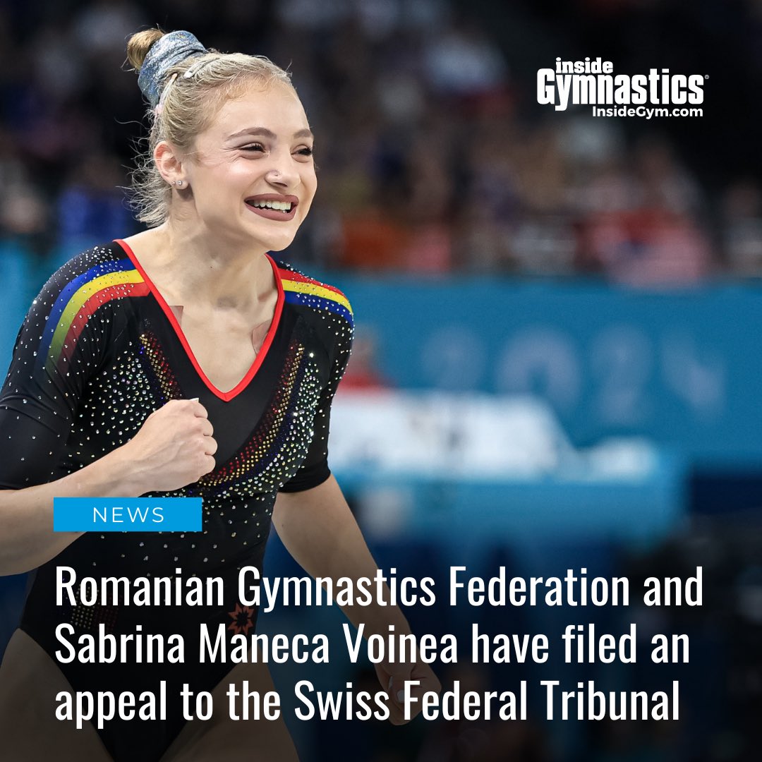 InsideGym's tweet photo. The Romanian Gymnastics Federation and Sabrina Maneca Voinea have filed an appeal to the Swiss Federal Tribunal of  the decision of the Court of Arbitration for Sport. Maneca Voinea was penalized one-tenth of a point for going out of bounds during the floor finals, but video showed that she actually did not step out.