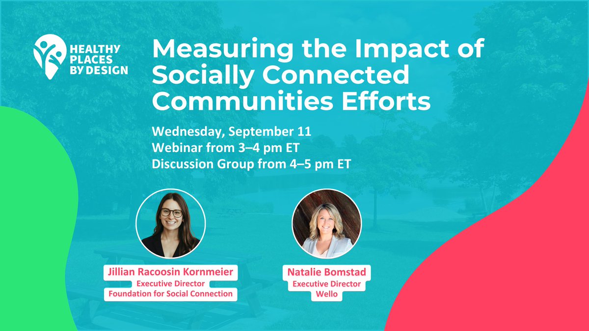 Foundation for Social Connection (F4SC) (@fdn4sociconnect) on Twitter photo How can data improve your #SociallyConnectedCommunities efforts? Join the next Healthy Places by Design webinar on 9/11 to learn more. Register here: bit.ly/September11SCC… How can data improve your #SociallyConnectedCommunities efforts? Join the next Healthy Places by Design webinar on 9/11 to learn more. Register here: bit.ly/September11SCC…