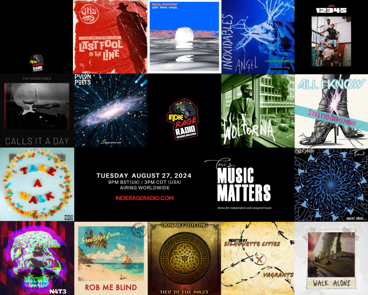 Tuesday 9pmUK Tune into <a href="/IndieRageRadio/">Indie Rage Radio</a>
🔊indierageradio.com 
#MusicMatters play the fantastic new music from-
<a href="/OtisBand/">OTIS</a> @rearwindowmusic <a href="/Inoxidables13/">Inoxidables (Oficial)</a> <a href="/JSABANDUK/">JSA</a> <a href="/themoonstones_/">The Moonstones</a> <a href="/PylonPoets/">Pylon Poets</a> <a href="/WolfornaUK/">Wolforna</a> #AllIKnow +more  Enjoy!
Info: facebook.com/MusicMattersWi… 
#NewMusicAlert