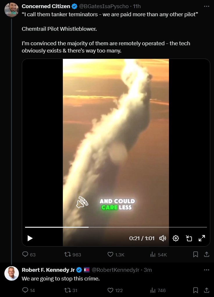 VigilantFox's tweet image. BOOM: @RobertKennedyJr Just Announced the Trump-Unity Administration Would STOP Chemtrails

Responding to a post on 𝕏, he declared, “We are going to stop this crime.”

This is huge!