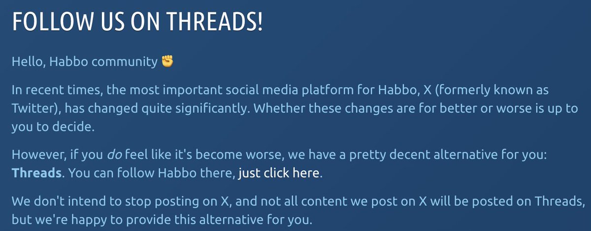 ScuroFamiglia's tweet photo. How to spit on a social network without having the courage to leave it. Apparently, the recent moderation problem on Twitter hasn't pleased Habbo

Don't sulk, folks, it's nothing compared to all your abusive bans

But it's interesting to know that your sanction was indeed linked to a breach of the GCU, otherwise you wouldn't be reacting like this