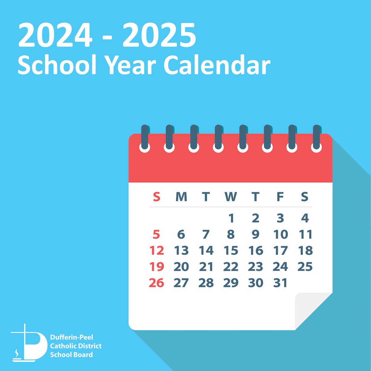 The 2024-2025 school year begins next week! The first day of classes is Tuesday, September 3.

Here's a look at the 2024-2025 school year calendar: dpcdsb.info/SchoolYearCale…