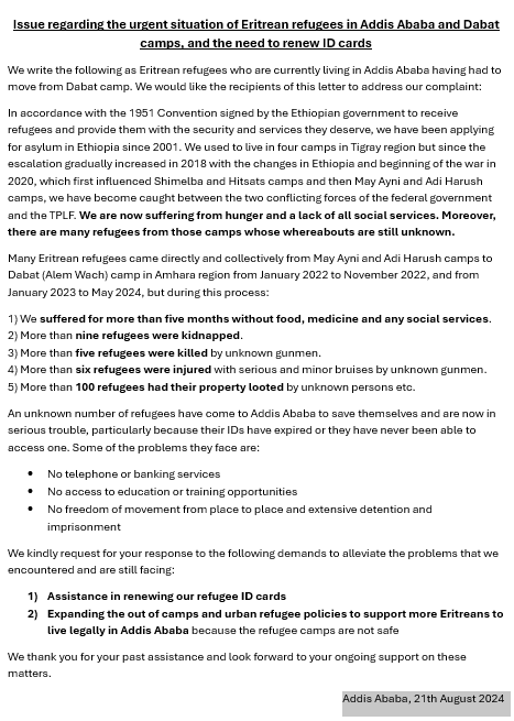 BelloniMilena's tweet photo. In 'Eritreans on the Move' we spoke to a grassroots Eritrean refugee organisation in Addis Ababa lobbying for their rights. They shed light on insecurity in Dabat camp &amp; the need for registration to access protection and support in Ethiopia. Here's their letter https://t.co/Ezyo0TLYeQ