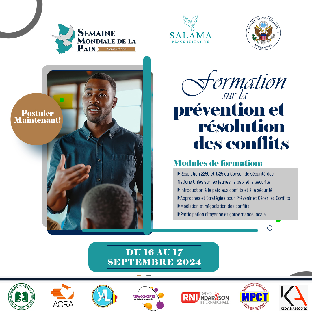 🕊️🇹🇩 #SalamaPeaceInitiative organise une formation sur la prévention et la résolution des conflits les 16 et 17 septembre 2024 ! 

📅 Date limite : 31 août 2024
📚 Modules : Leadership, Médiation, Résolutions 2250 &amp; 1325
🔗 Inscription : docs.google.com/.../1FAIpQLSeQ…