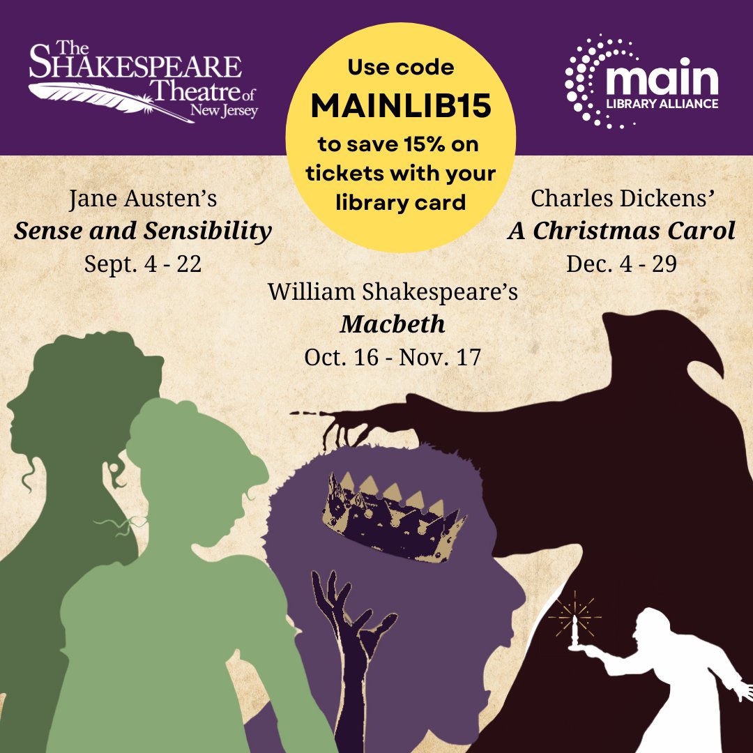 mainlibnj's tweet image. Did you know that you can use your library card to get 15% off tickets to the Shakespeare Theatre of New Jersey? 🎭

Use code MAINLIB15, then show your Main member library card when you pick up your tickets!

Visit ShakespeareNJ.org or call the box office at (973) 408-5600.