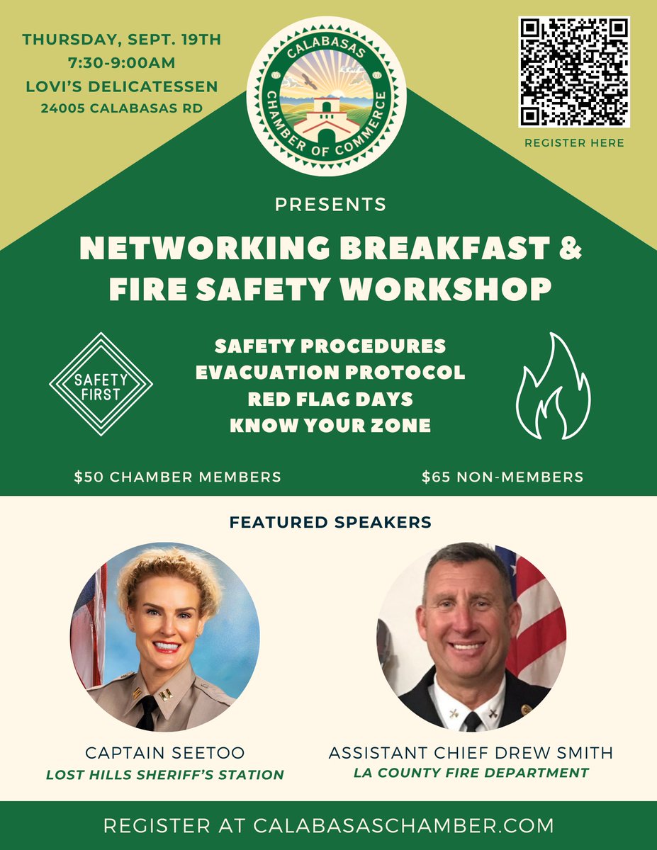 CalabChamber's tweet photo. Networking, Breakfast, and Fire Safety!!π¨βοΈ
Upcoming networking opportunity and safety workshop with featured speakers Captain Seetoo of @LHSLASD and Assistant Chief Drew Smith of @LAFD π₯
Register at https://t.co/vwLe80TBvq
#Calabasas #CalabasasChamber #NetworkingBreakfast https://t.co/a92VLcrNsV