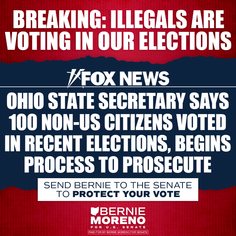 teammoreno2024's tweet photo. 🚨THIS IS HUGE 🚨There are illegals voting RIGHT HERE in Ohio in OUR elections. Now do you see why radicals like Sherrod Brown and Kamala Harris don’t want to close the border? Send Bernie to the Senate to secure our elections before it’s too late! 

Chip in NOW!