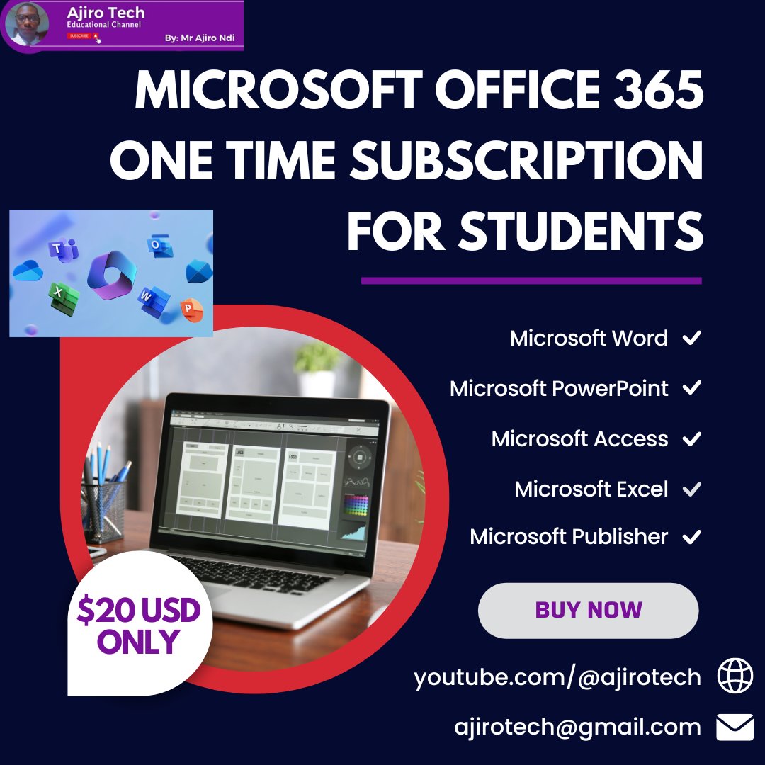 ajirotech's tweet image. Get Microsoft Office 365 for just $20! 🎓

One-time subscription for students includes:

Word, PowerPoint, Access, Excel, Publisher

🔗 youtube.com/@ajirotech?sub…
📧 ajirotech@gmail.com

#Microsoft365 #StudentDeal #Office365 #AjiroTech