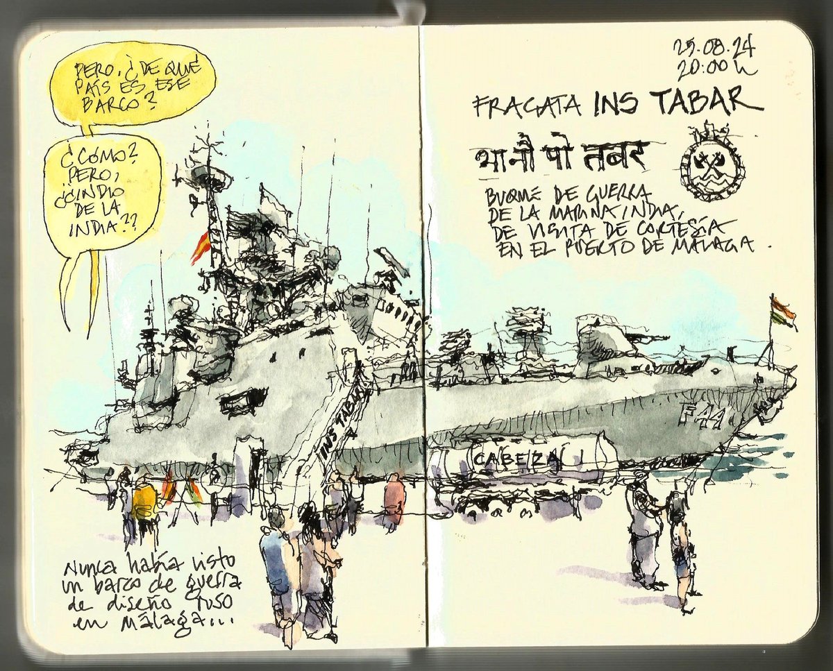 An <a href="/indiannavy/">SpokespersonNavy</a>'s warship is an extremely infrequent sight at the port of Málaga. Therefore, the expectation was high at the pier when malaguenians passed by #INSTabar moored at its docks. I could not resist the temptation of drawing her on my sketchbook.