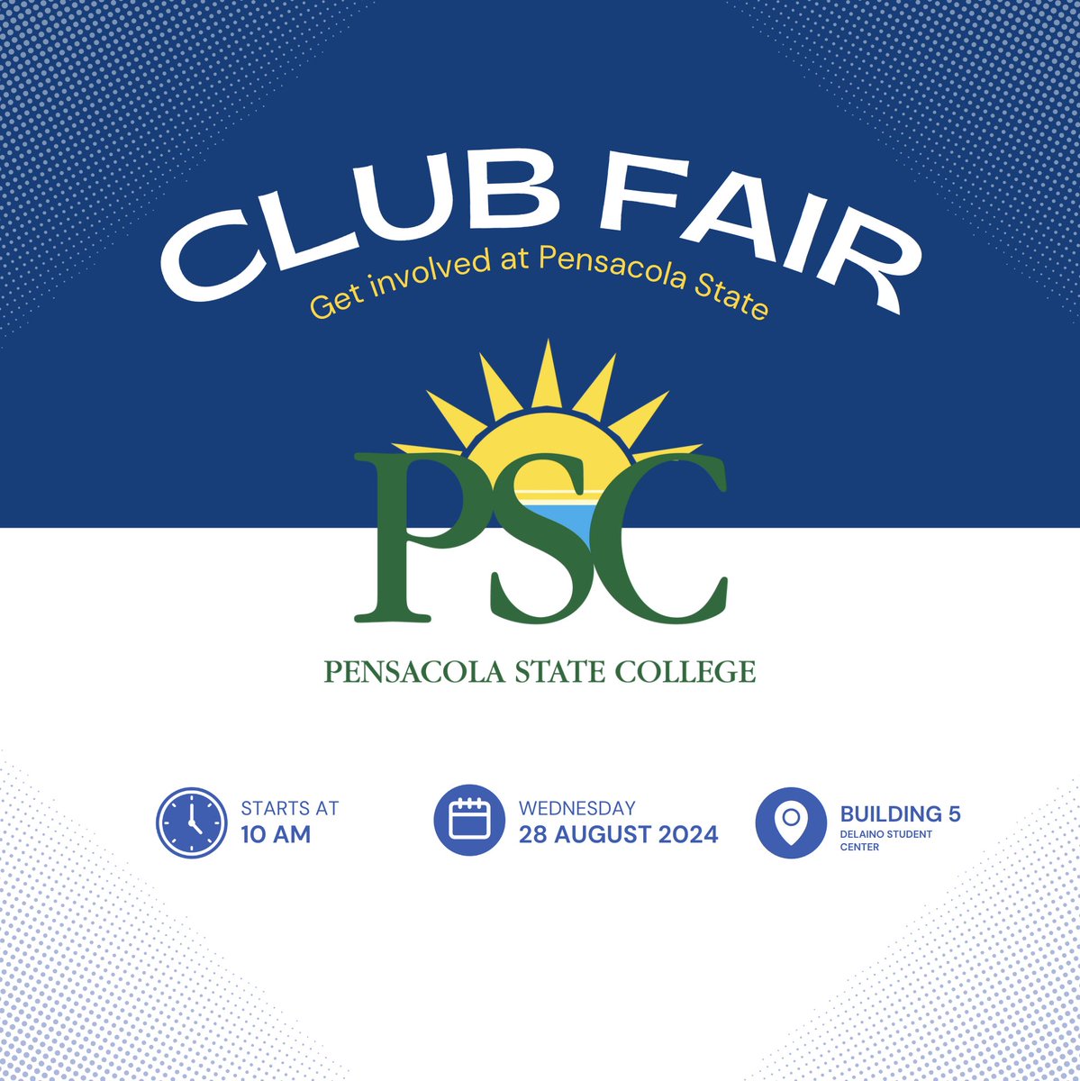 Looking to get involved on campus?

Join us this Wednesday in the Delaino Student Center at 10 am, to learn about all of the clubs you can join at PSC!

View the graphic for details. 

#goheregetthere #pensacolastatecollege #clubfair