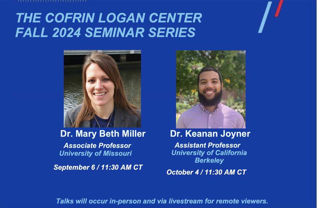 📣Save the dates for our Fall 2024 Seminar Series! Our lineup will feature Dr. Mary Beth Miller of <a href="/Mizzou/">Mizzou</a>, Dr. Keanan Joyner of <a href="/UCBerkeley/">UC Berkeley</a> 
Seminars will occur in-person and via livestream for remote viewers.