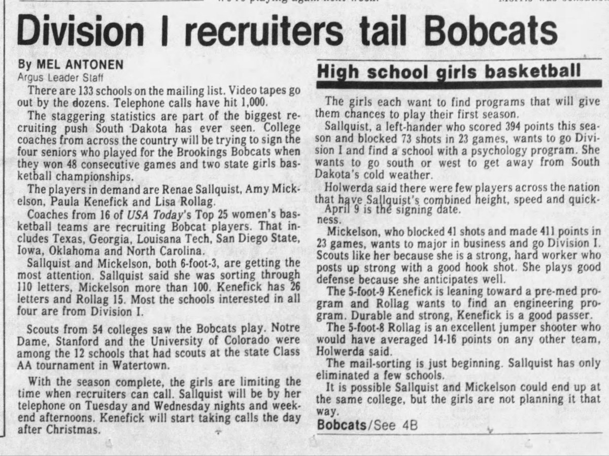 Amy Mickelson led the Brookings girls’ basketball team to unbeaten seasons as a junior and senior along with the two state titles and 48 straight wins. Brookings was ranked third in the nation by USA Today in Mickelson’s senior year and she was an All-American leading her team in